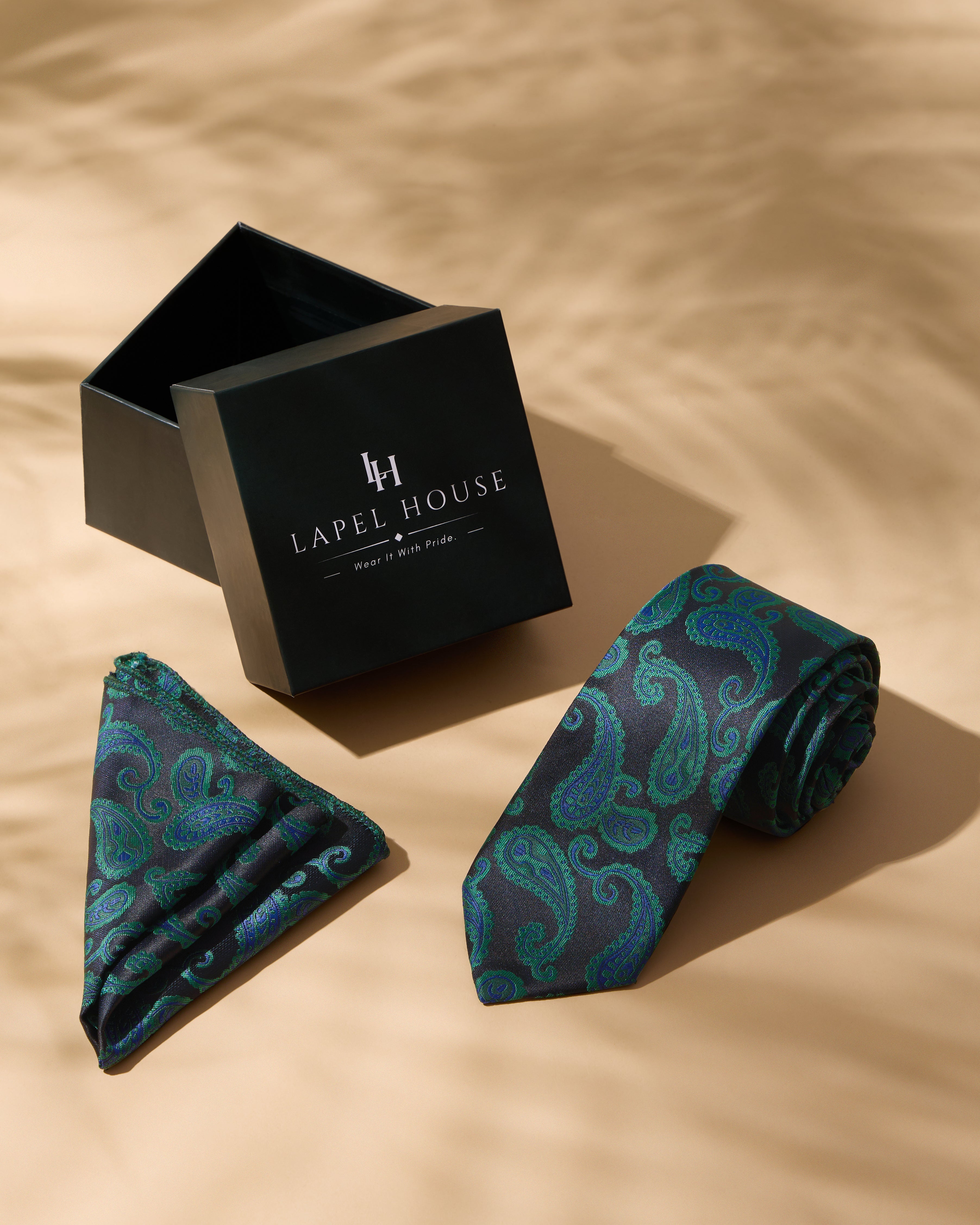 The Enigma Necktie — Black, Emerald & Royal Blue Paisley