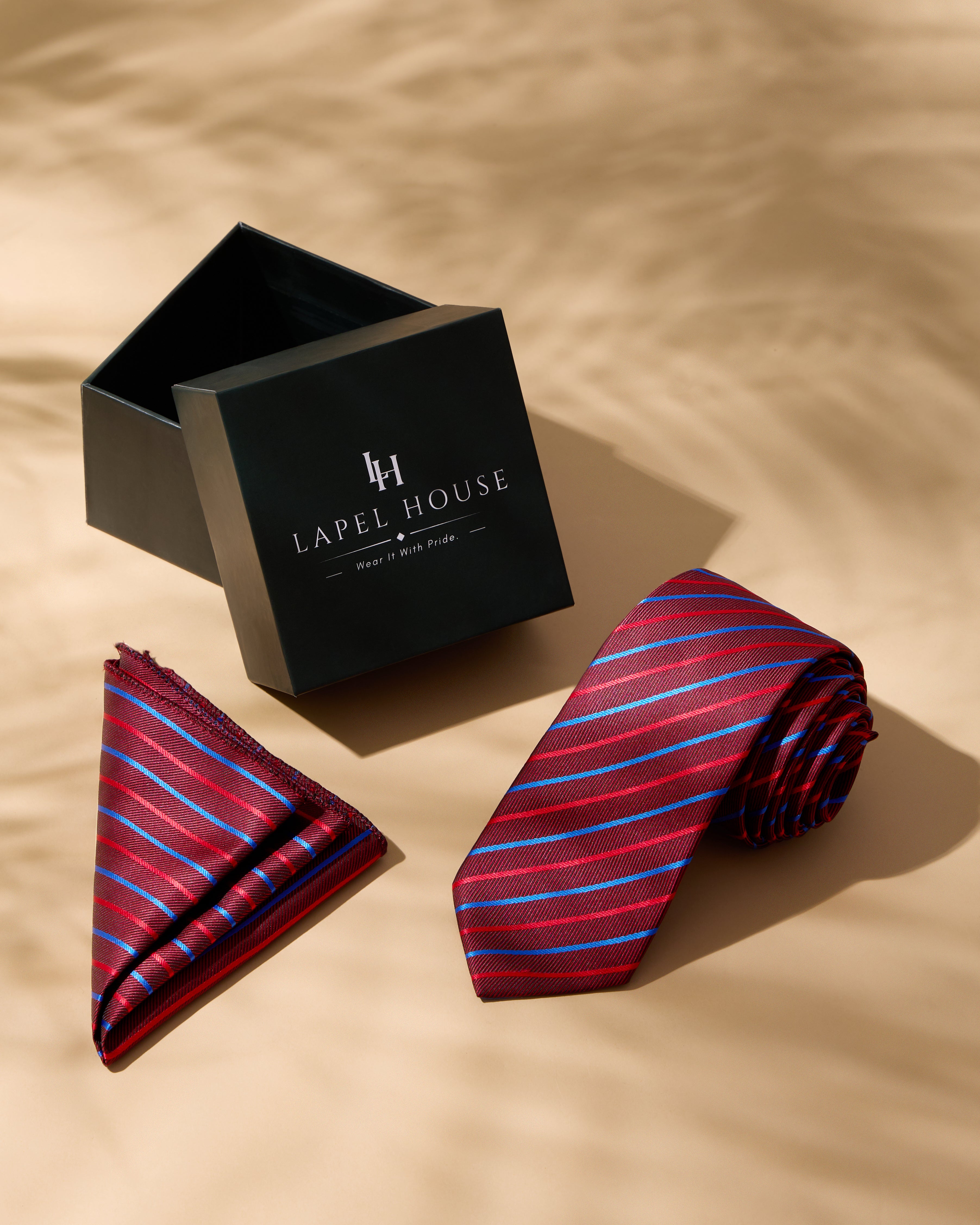 The Vanguard Necktie — Maroon & Electric Blue Pinstripe