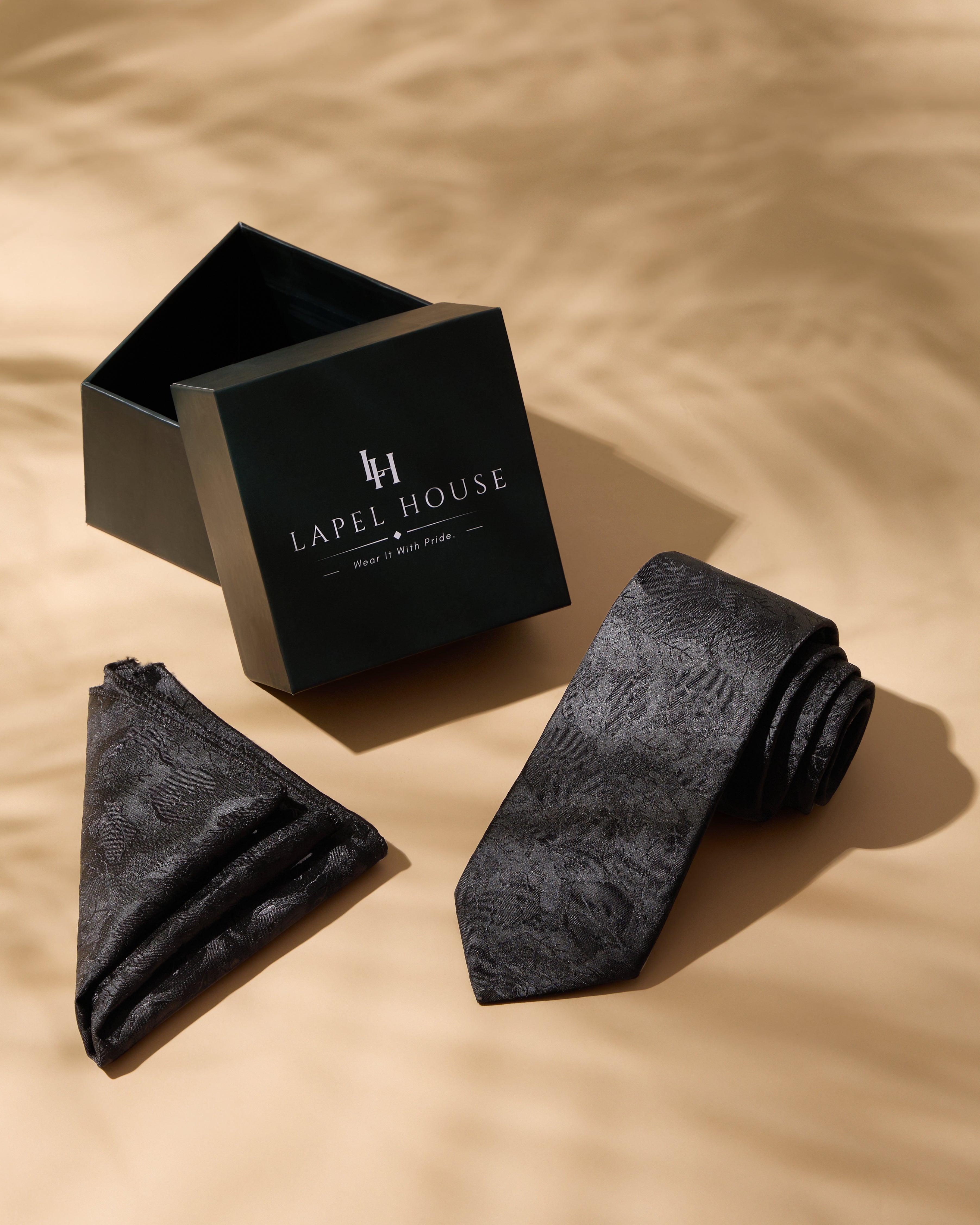 The Nocturne Necktie — Charcoal & Tonal Black Leaf Jacquard