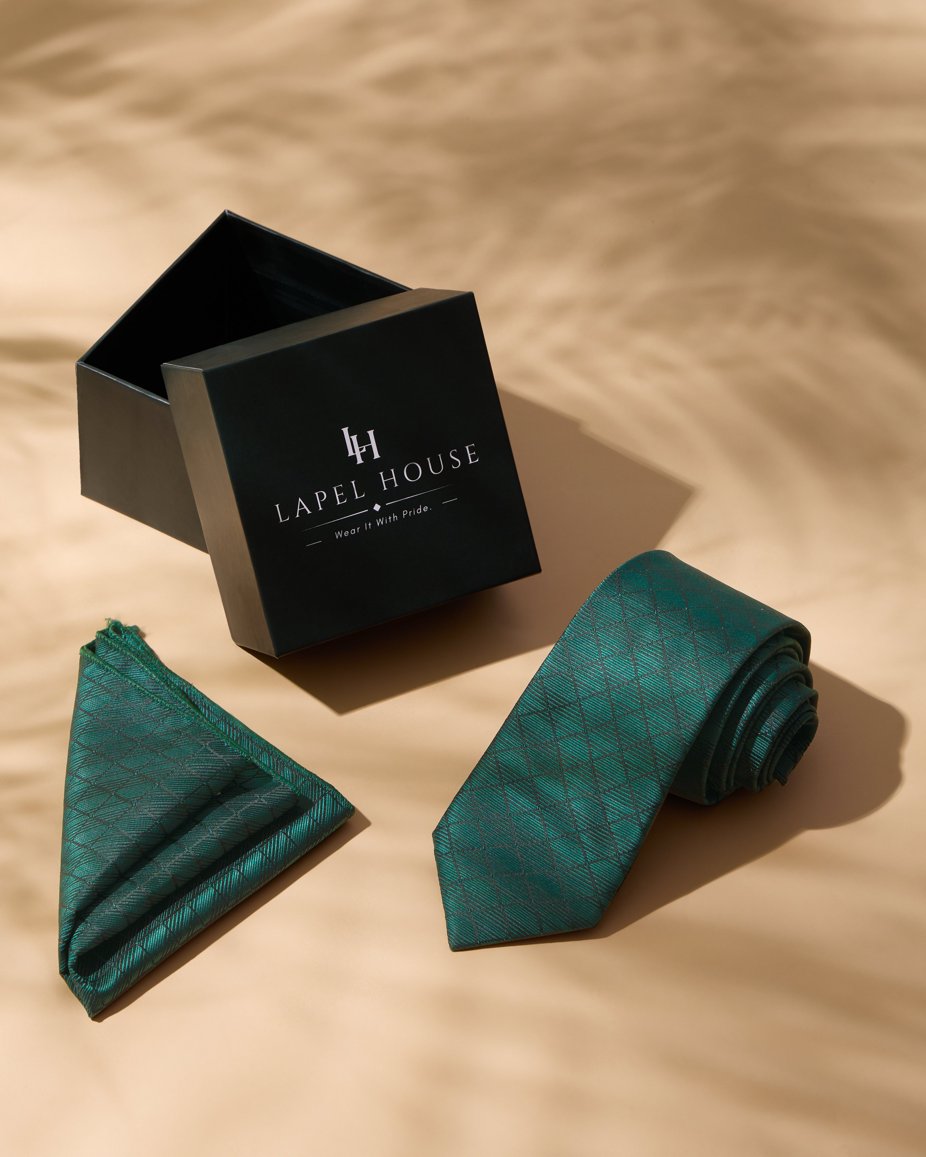 The Verdant Microfiber Necktie — Emerald & Charcoal Diamond Lattice