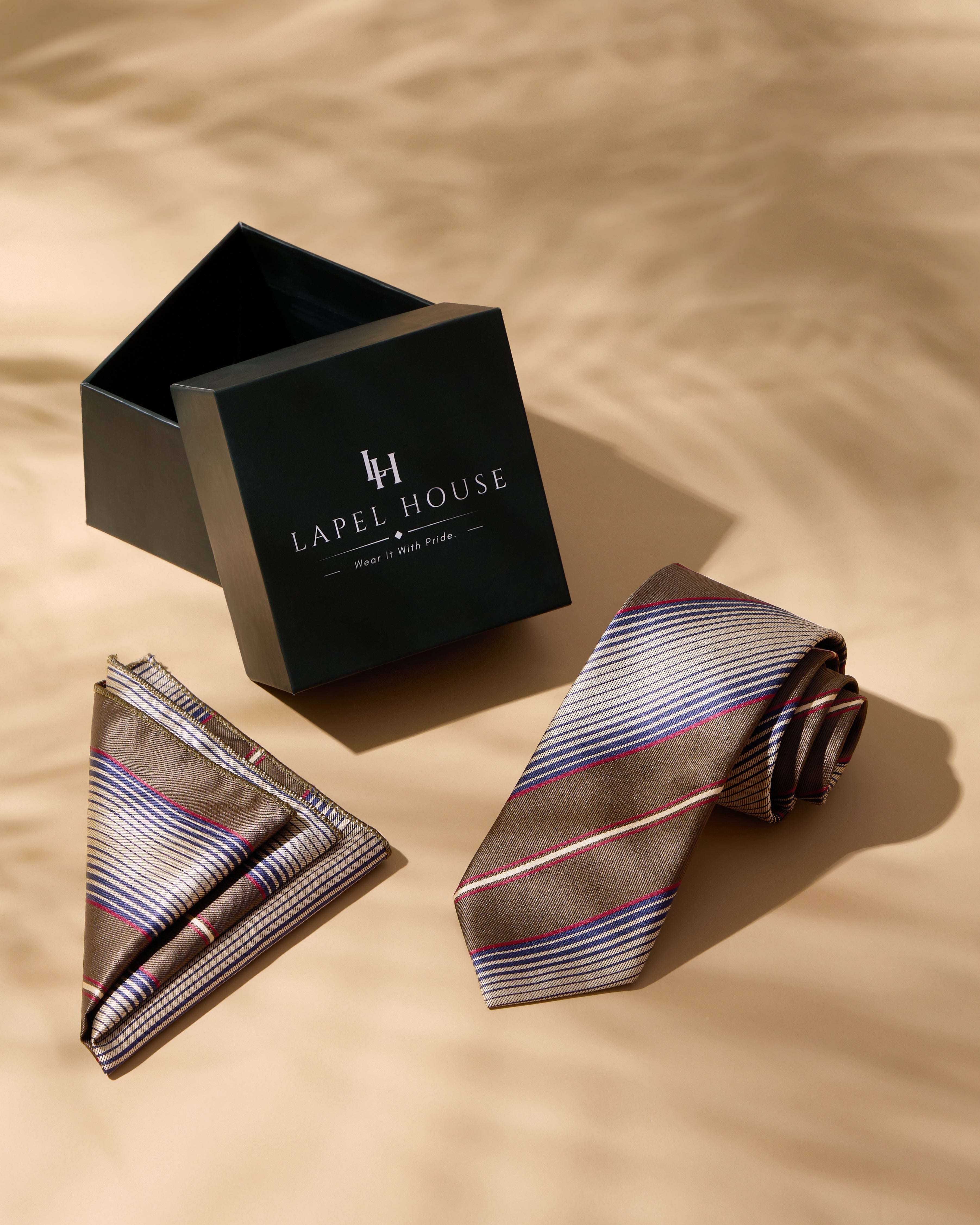 The Heritage Necktie — Taupe, Navy & Cream Regimental Strip