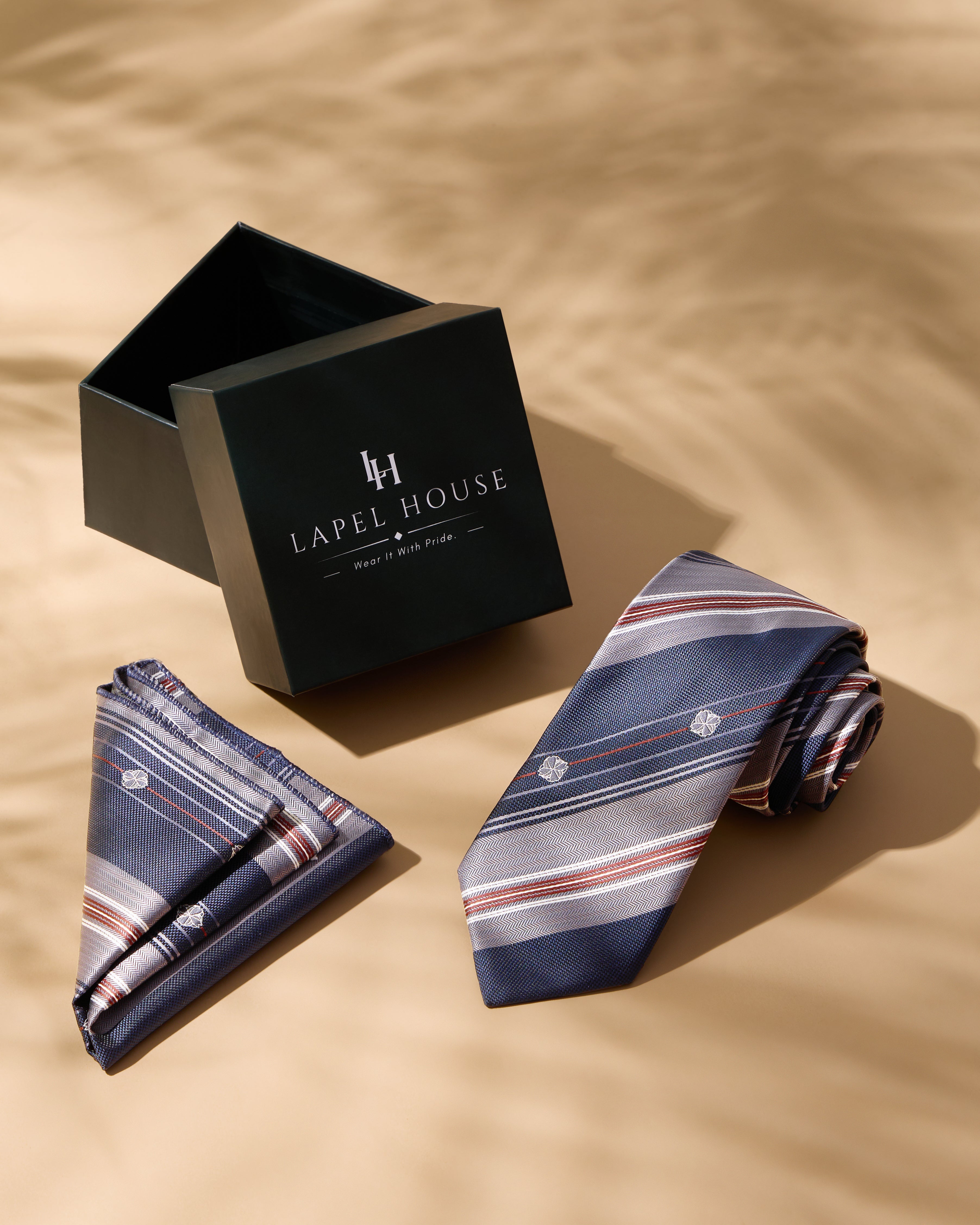 The Diplomat Necktie — Blue, Grey & Herringbone Stripe