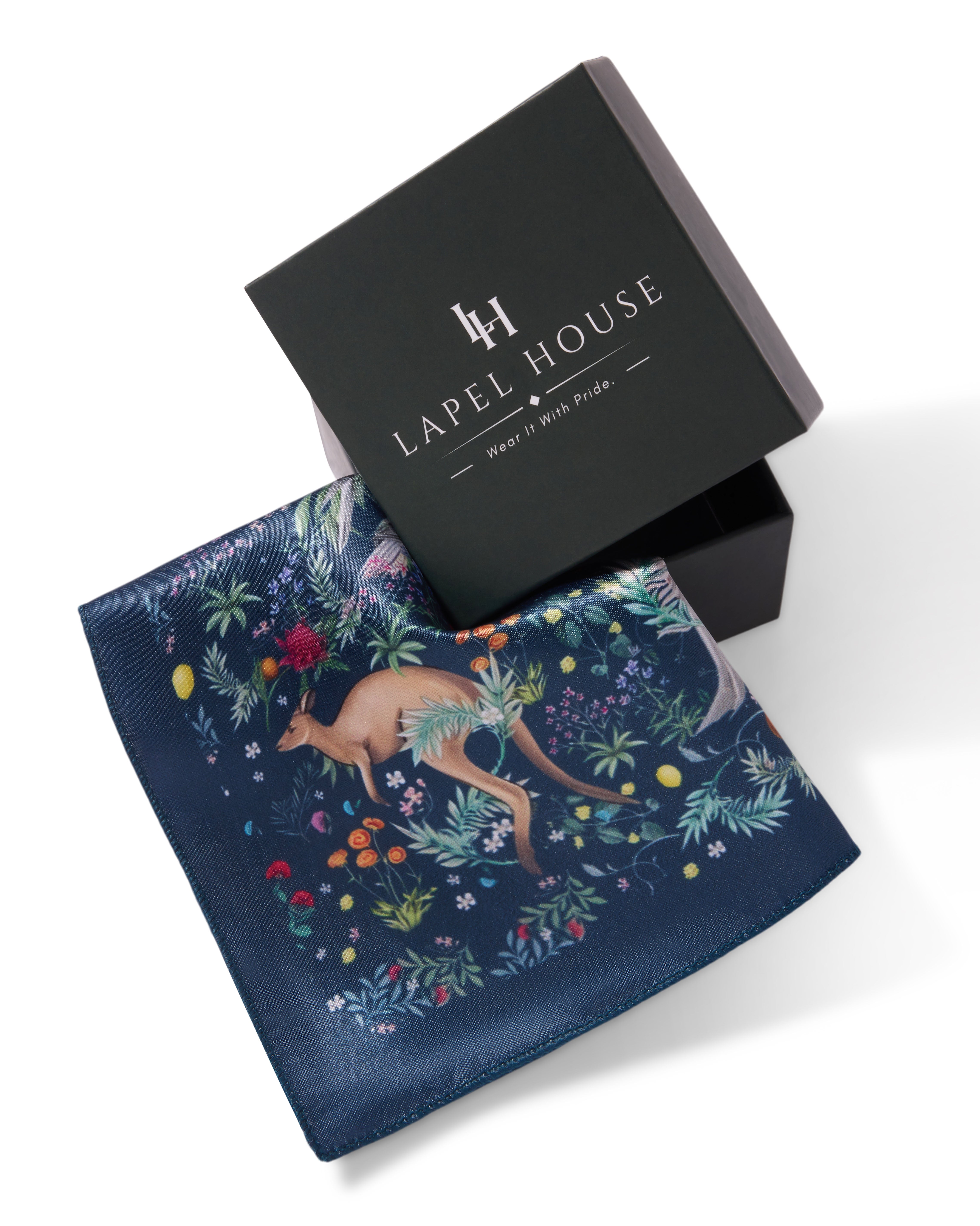 The Arcadia Pocket Square — Navy & Exotic Wildlife Tapestry