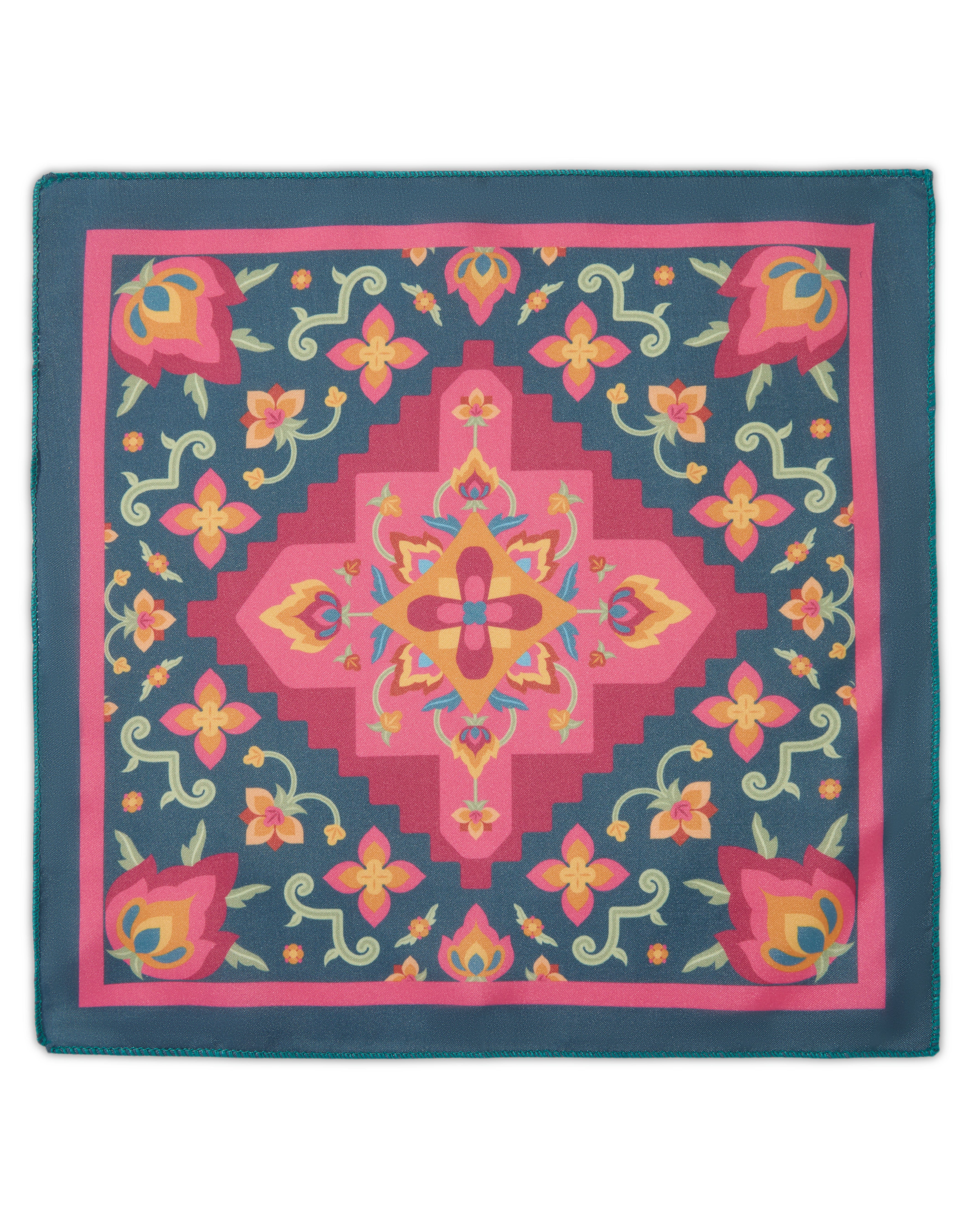 The Dynasty Pocket Square — Teal & Ornate Crimson