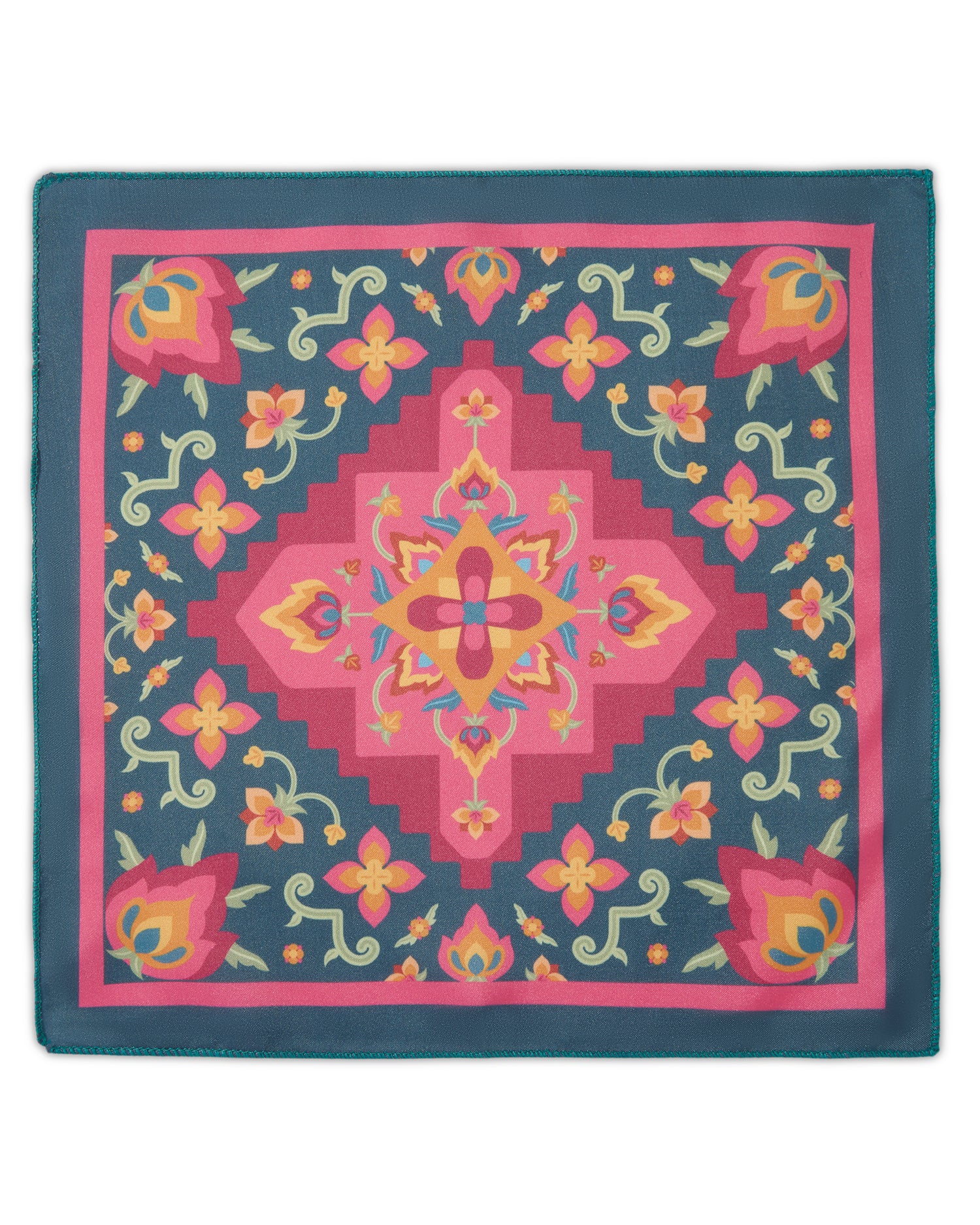 The Dynasty Pocket Square — Teal & Ornate Crimson