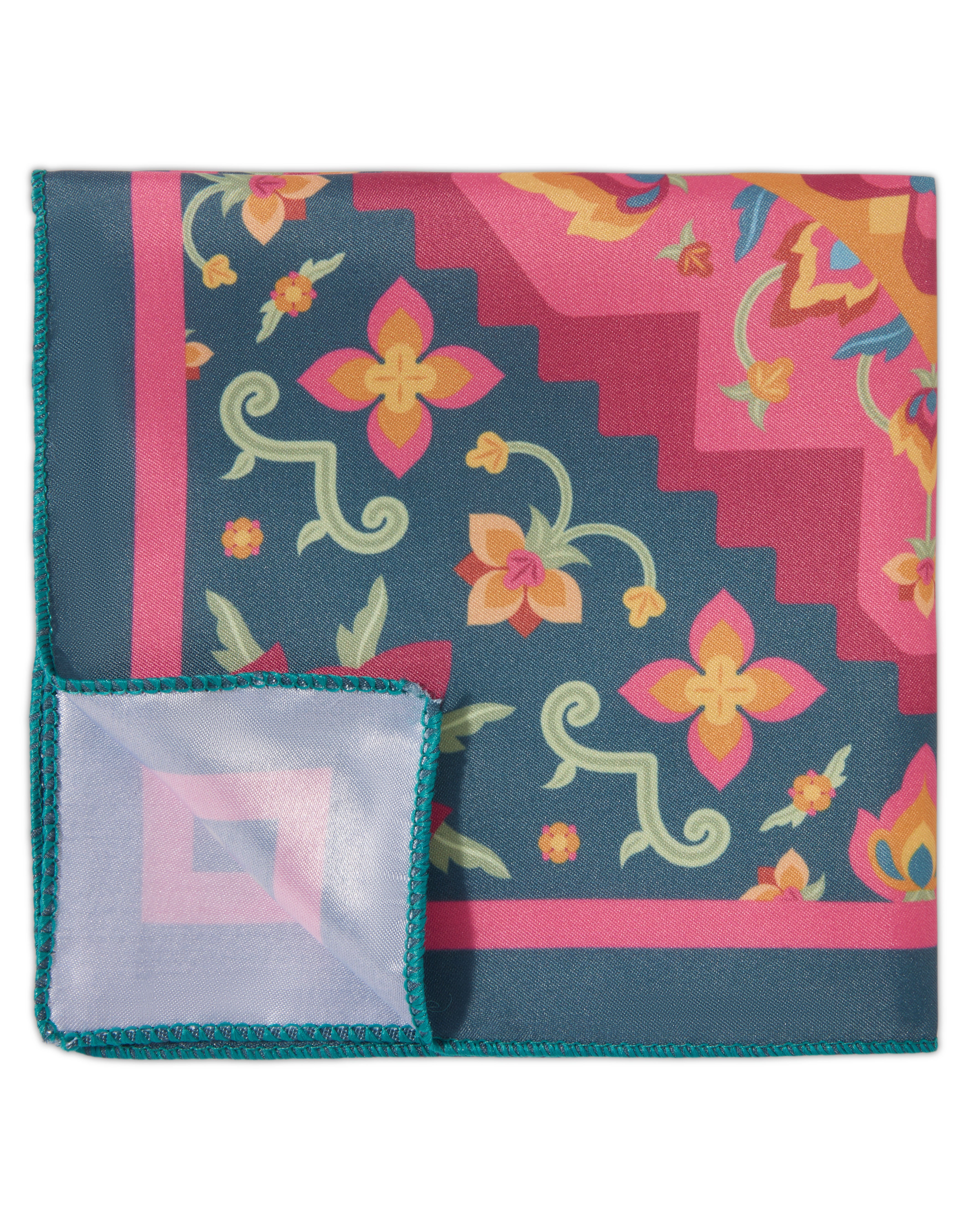 The Dynasty Pocket Square — Teal & Ornate Crimson