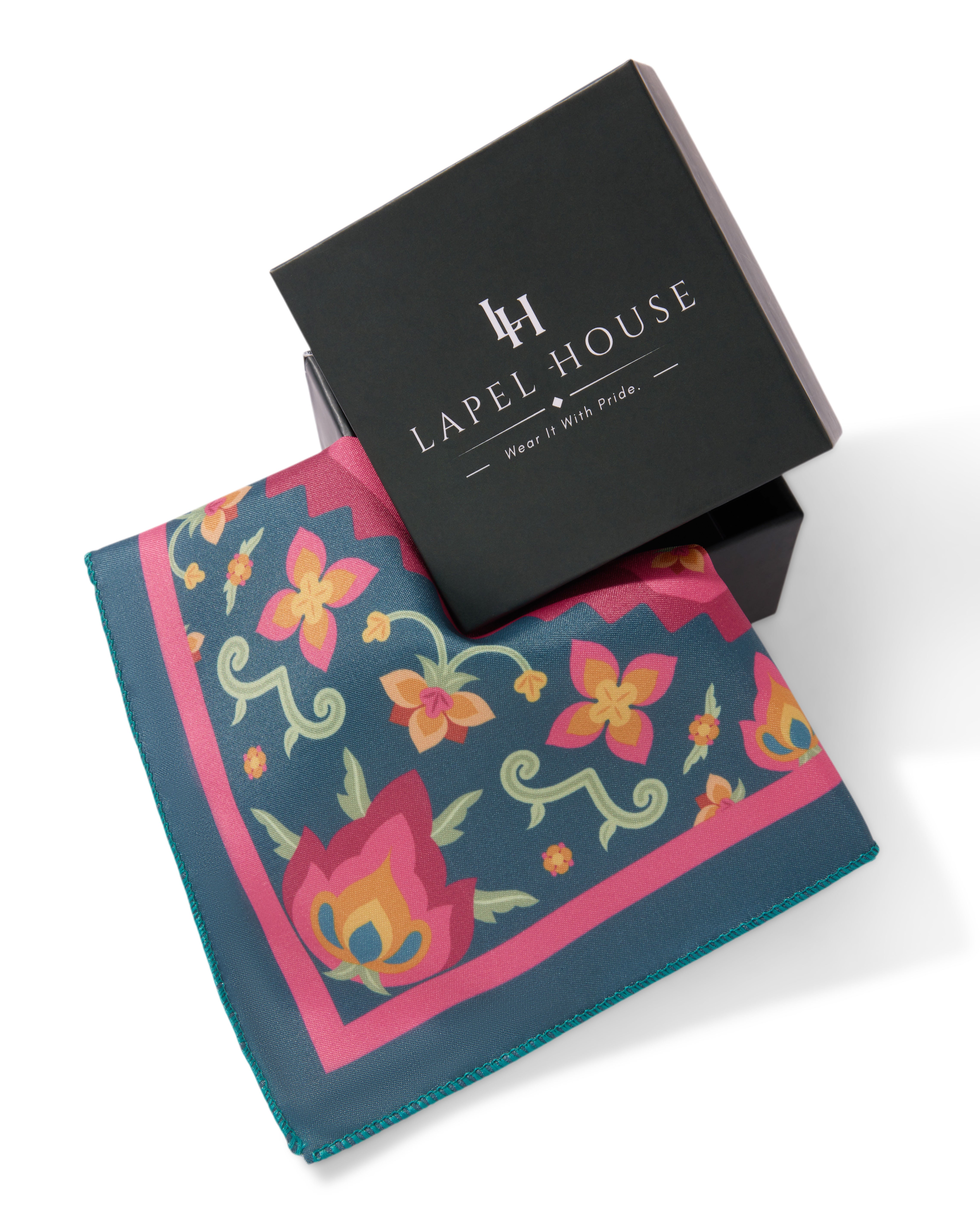The Dynasty Pocket Square — Teal & Ornate Crimson