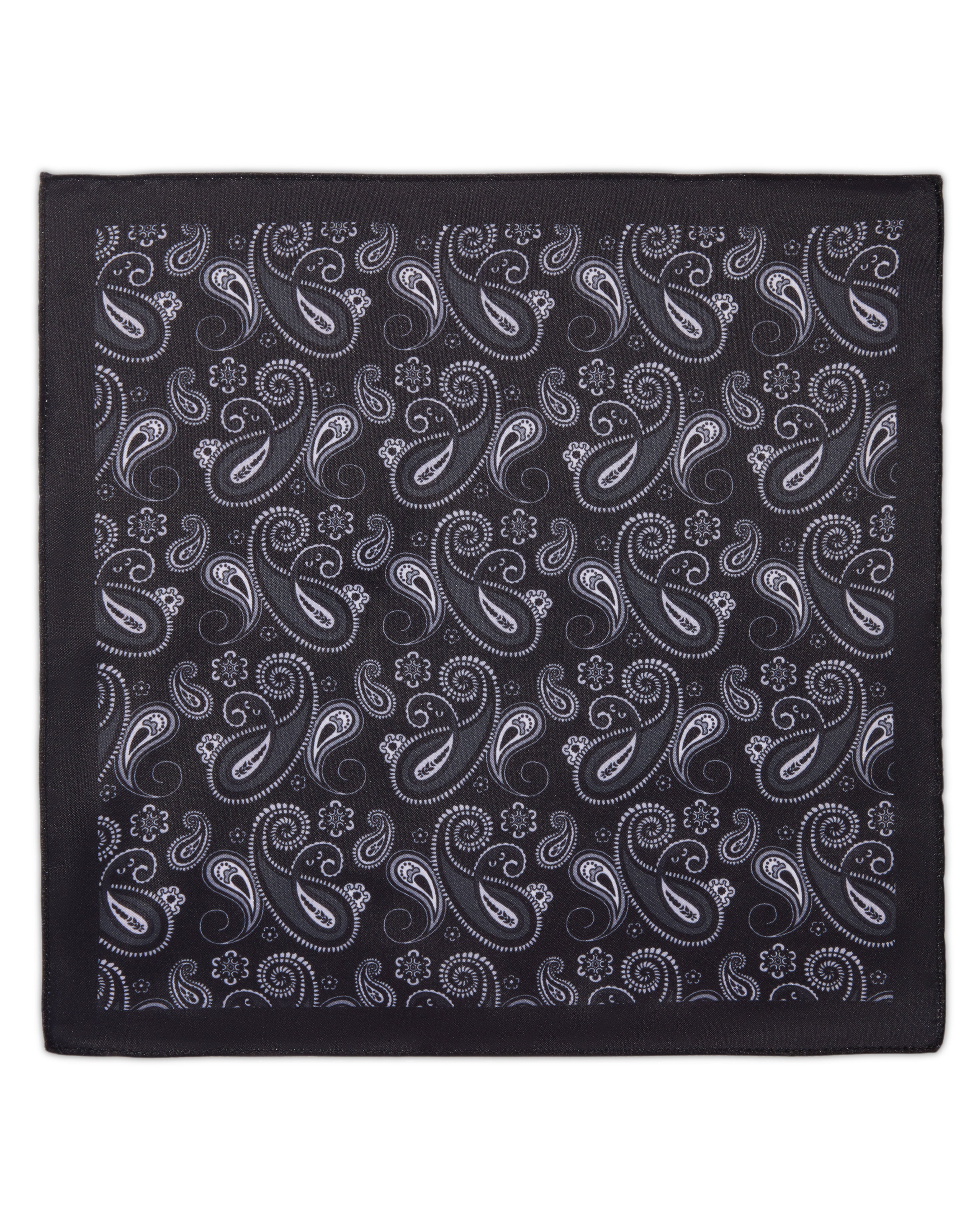 The Obsidian Microfiber Pocket Square — Black & Silver Paisley