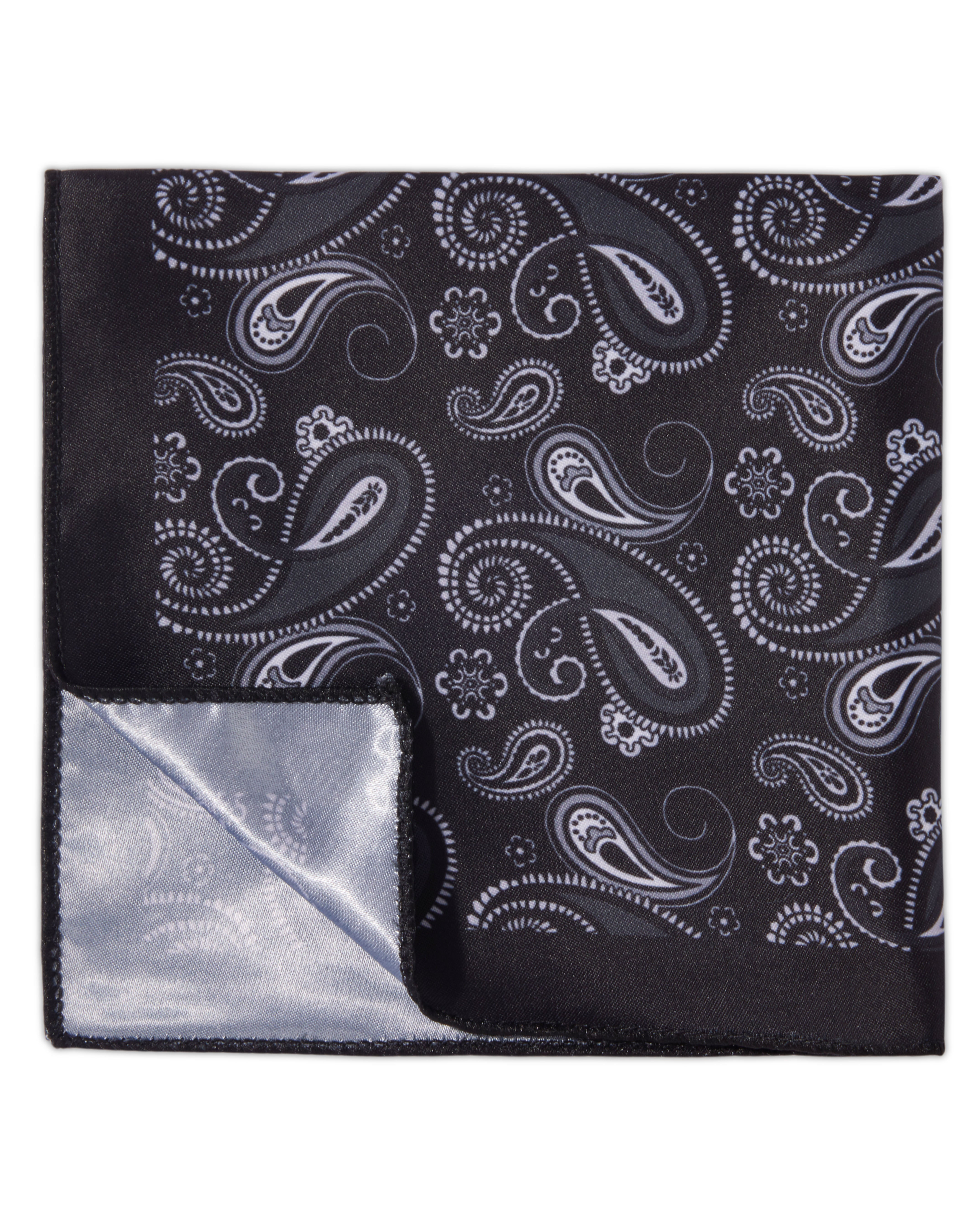 The Obsidian Microfiber Pocket Square — Black & Silver Paisley