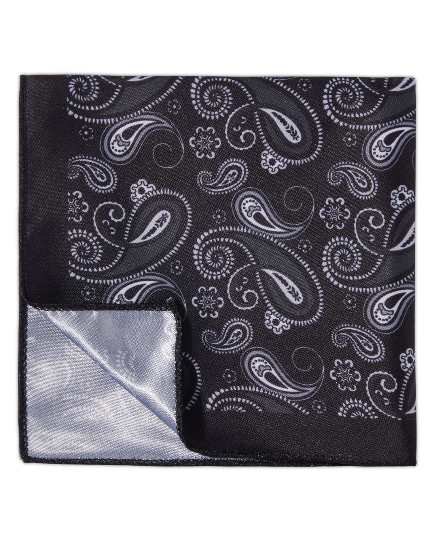 The Obsidian Microfiber Pocket Square — Black & Silver Paisley