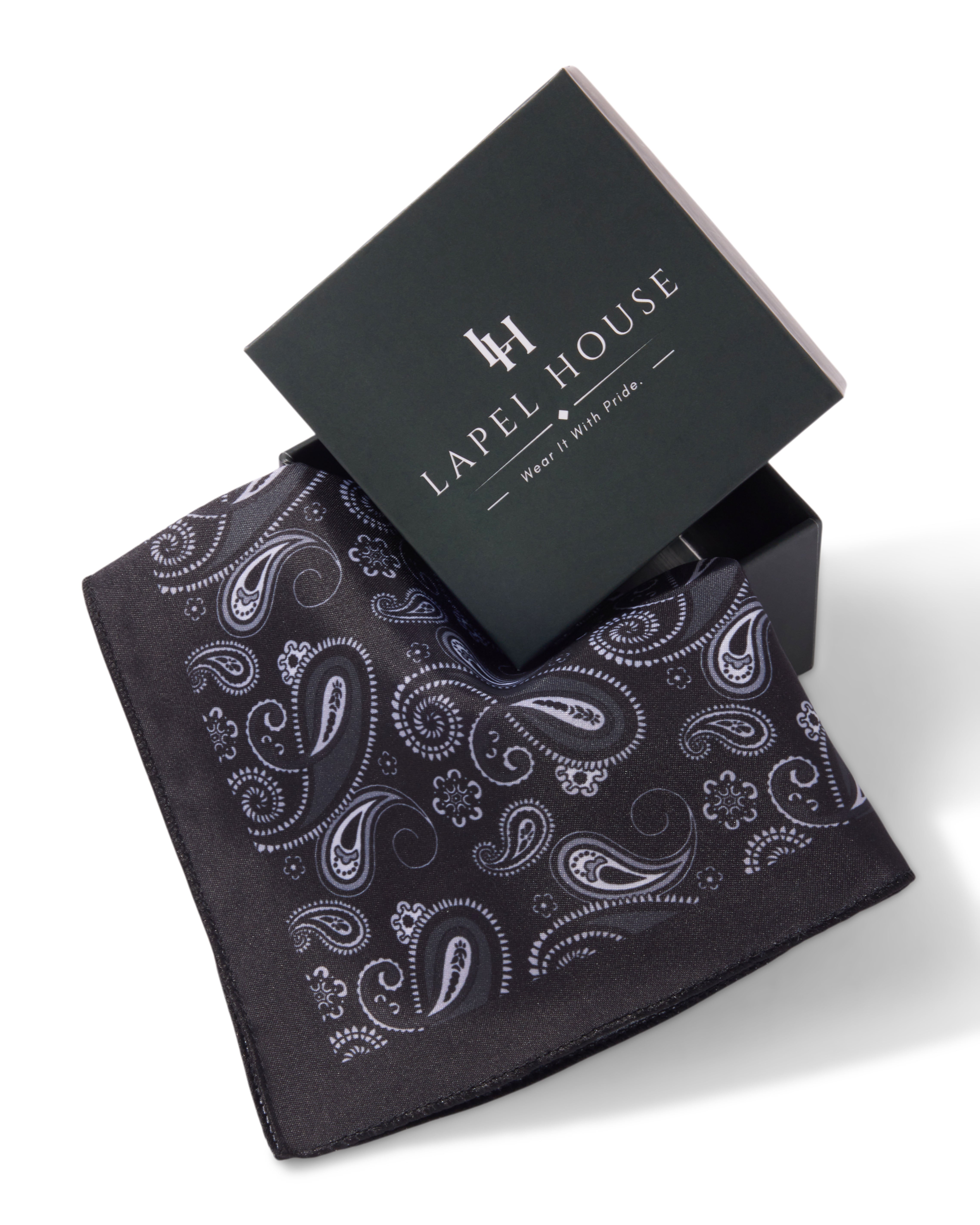 The Obsidian Microfiber Pocket Square — Black & Silver Paisley