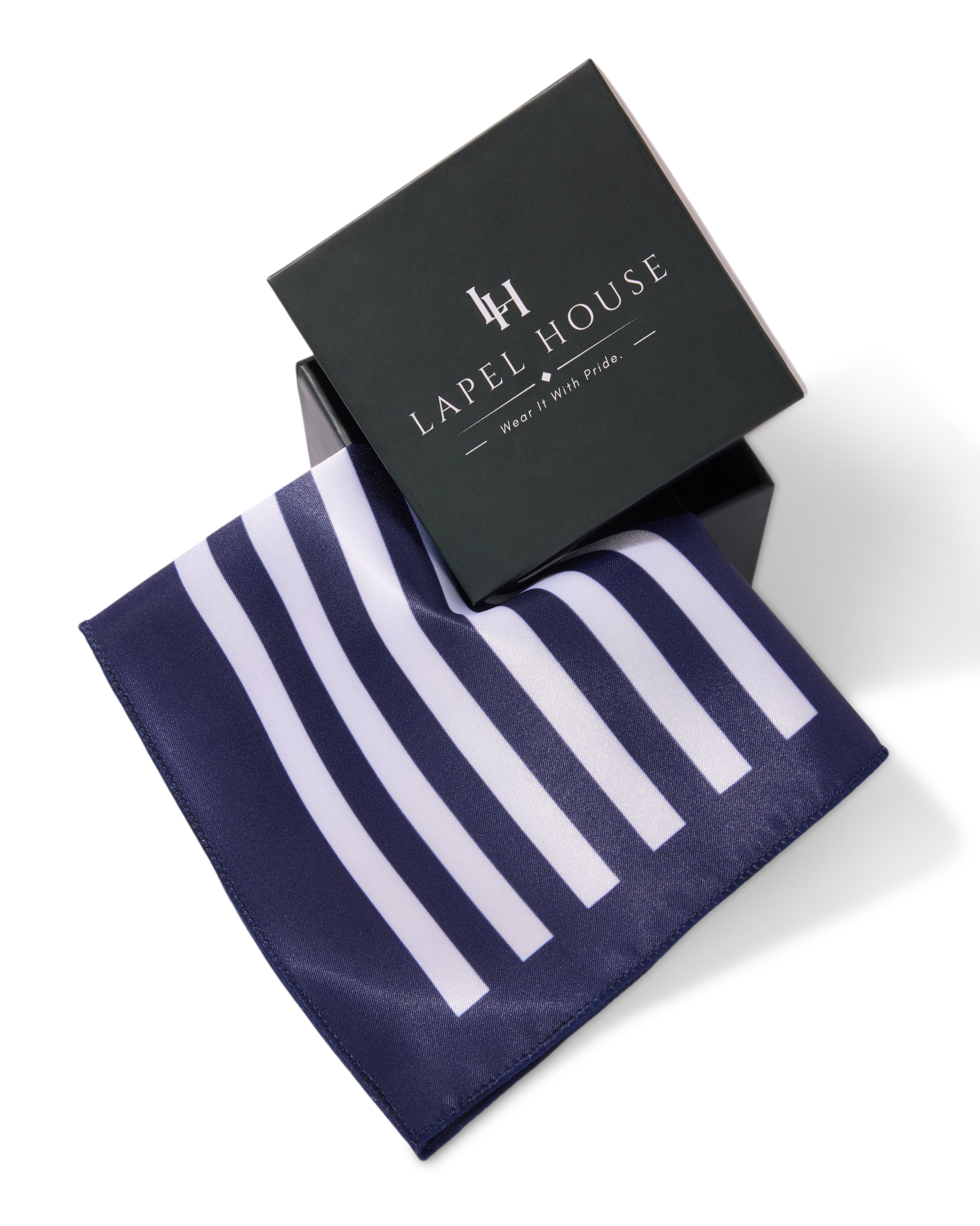The Commodore Microfiber Pocket Square — Navy & Bold White Stripes