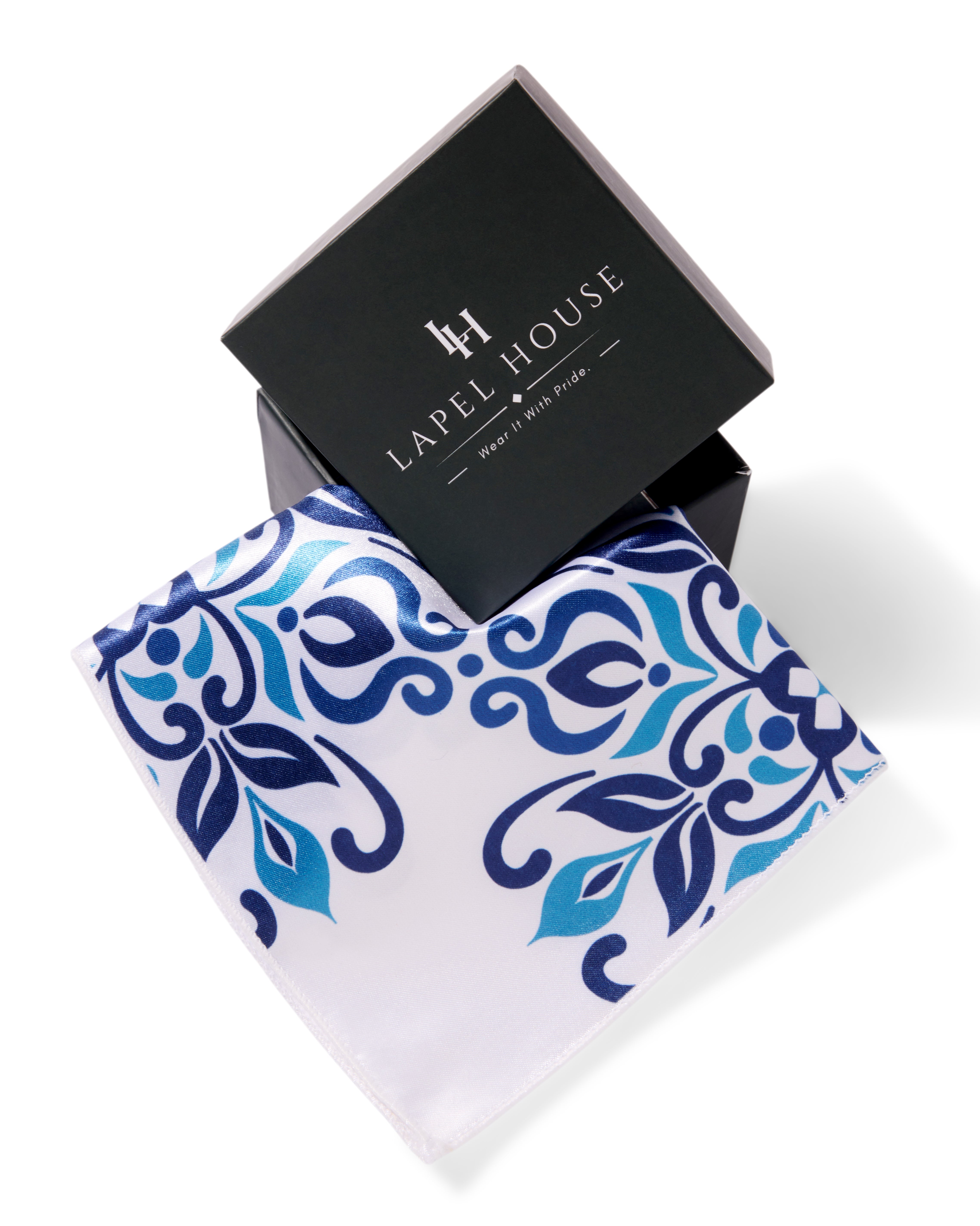 The Valencia Microfiber Pocket Square — White & Blue Majolica Tile