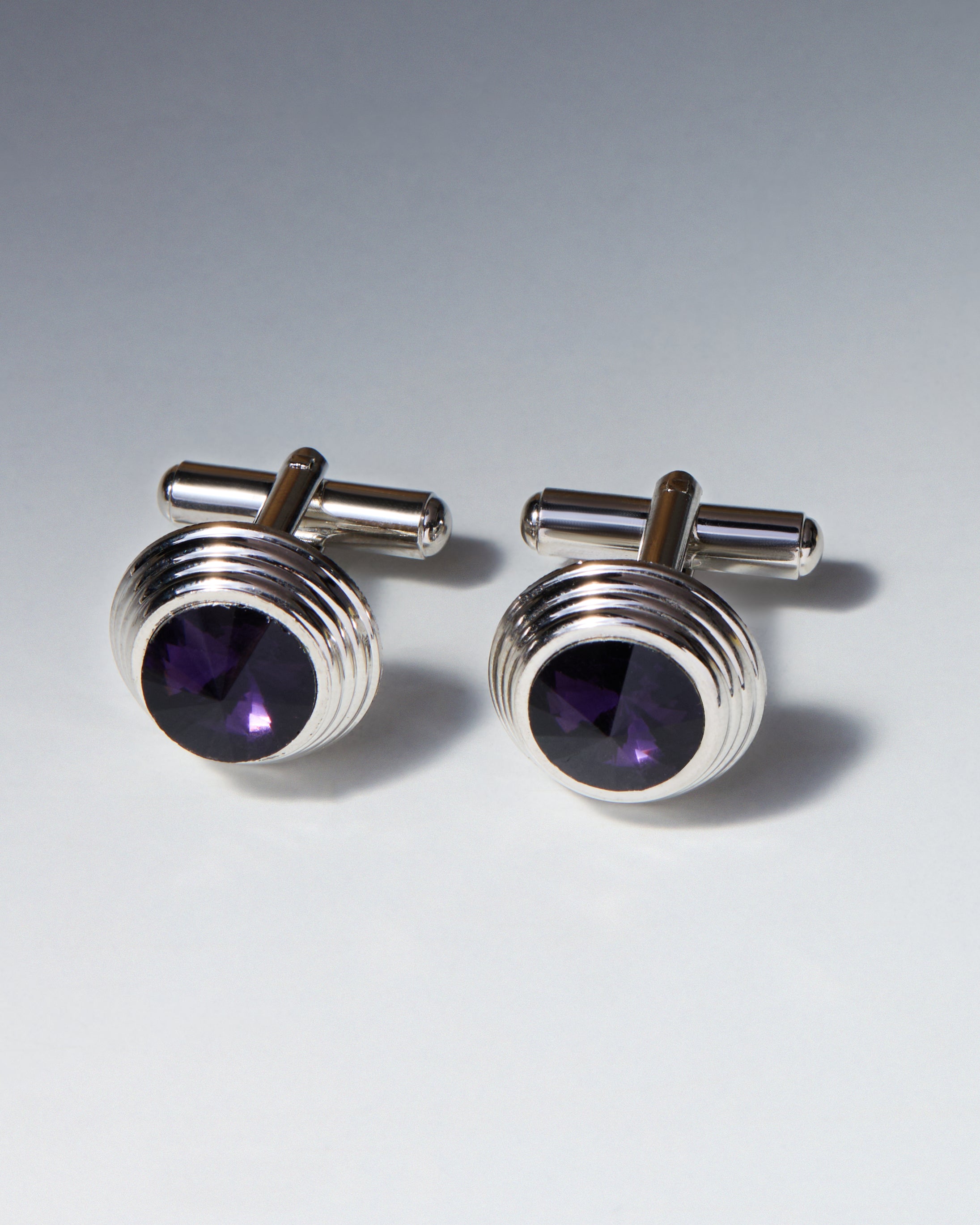 The Amethyst Executive Cufflinks — Deep Purple Crystal & Ribbed Silver