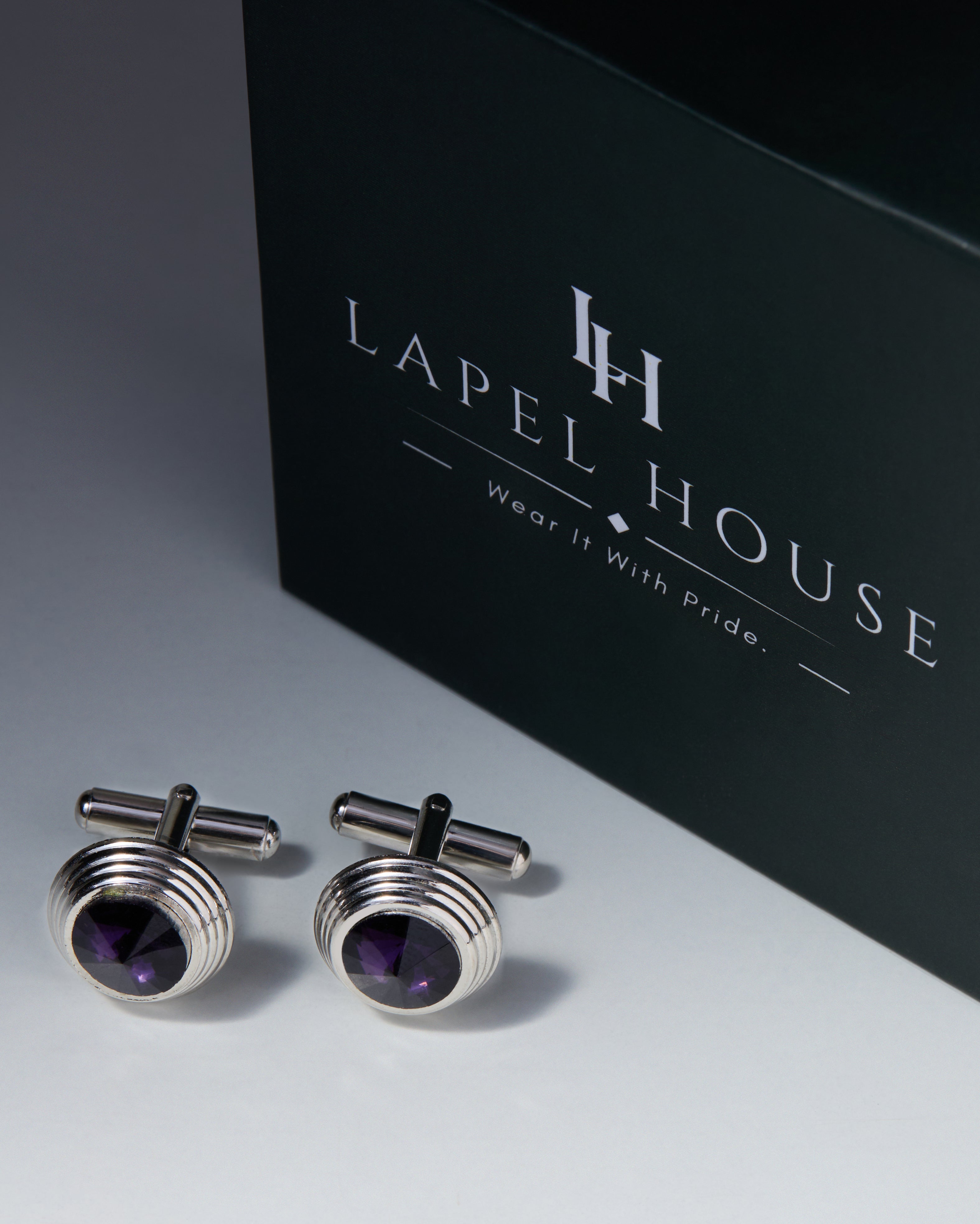 The Amethyst Executive Cufflinks — Deep Purple Crystal & Ribbed Silver