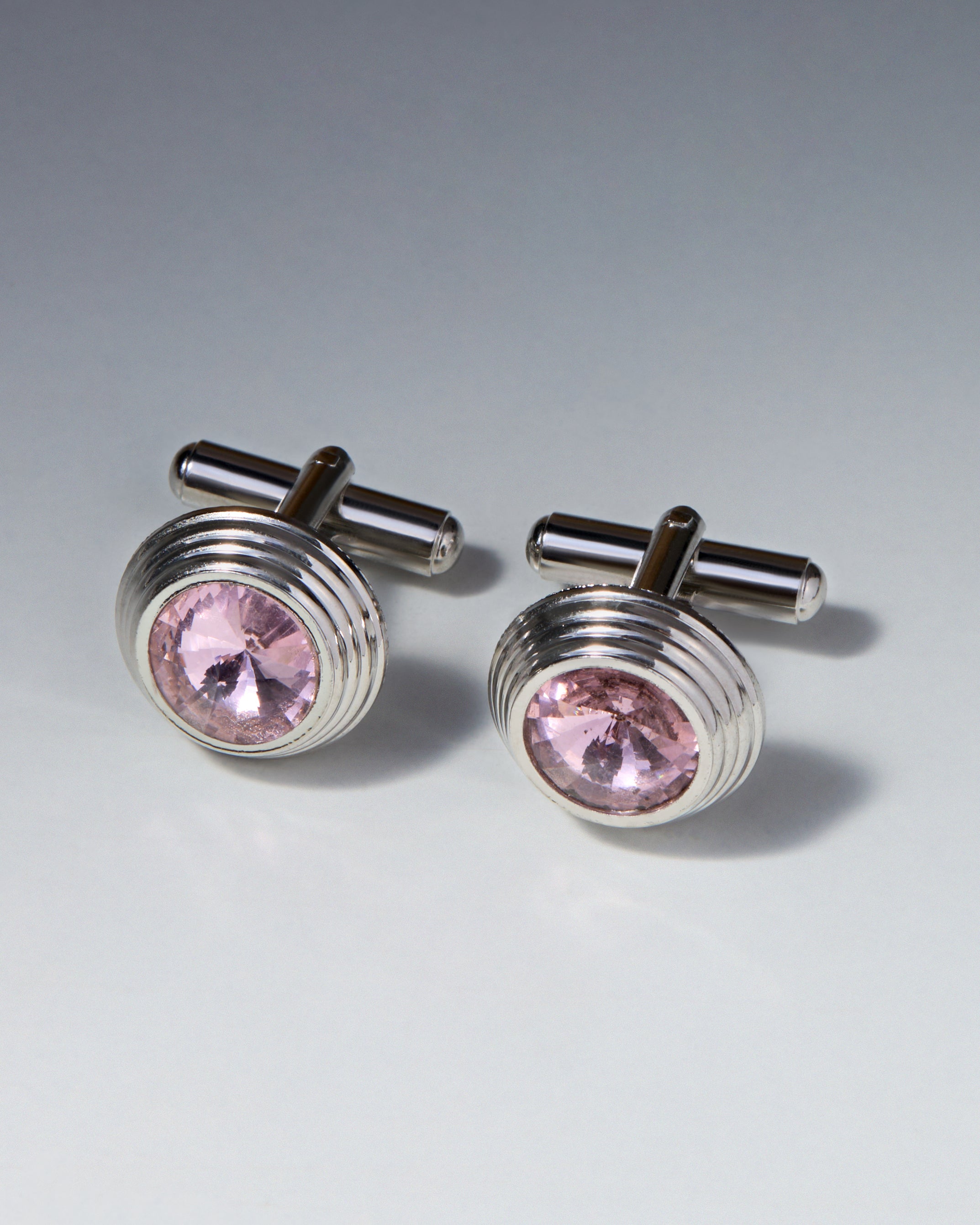 The Blush Executive Cufflinks — Soft Rose Crystal & Ribbed Silver