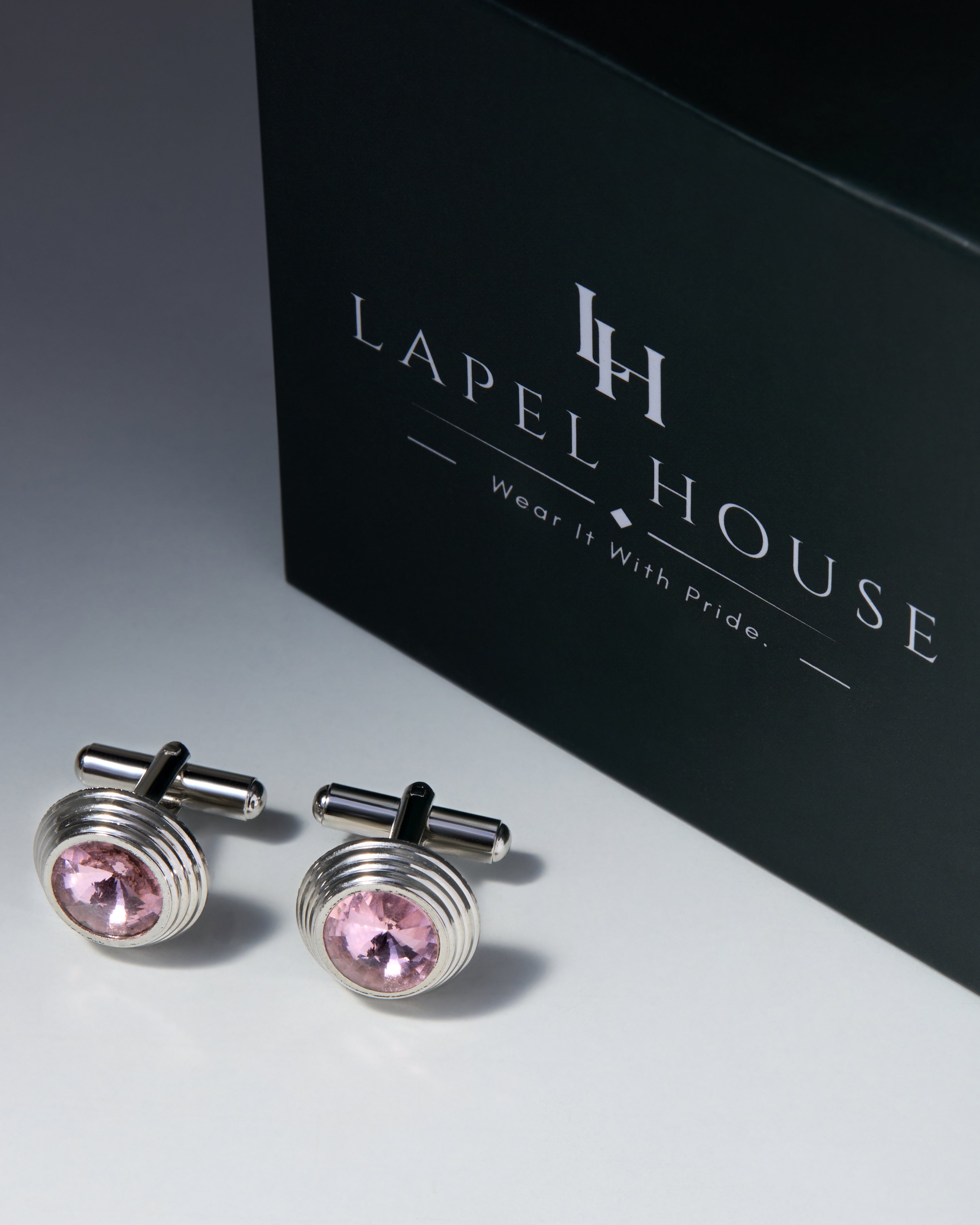 The Blush Executive Cufflinks — Soft Rose Crystal & Ribbed Silver