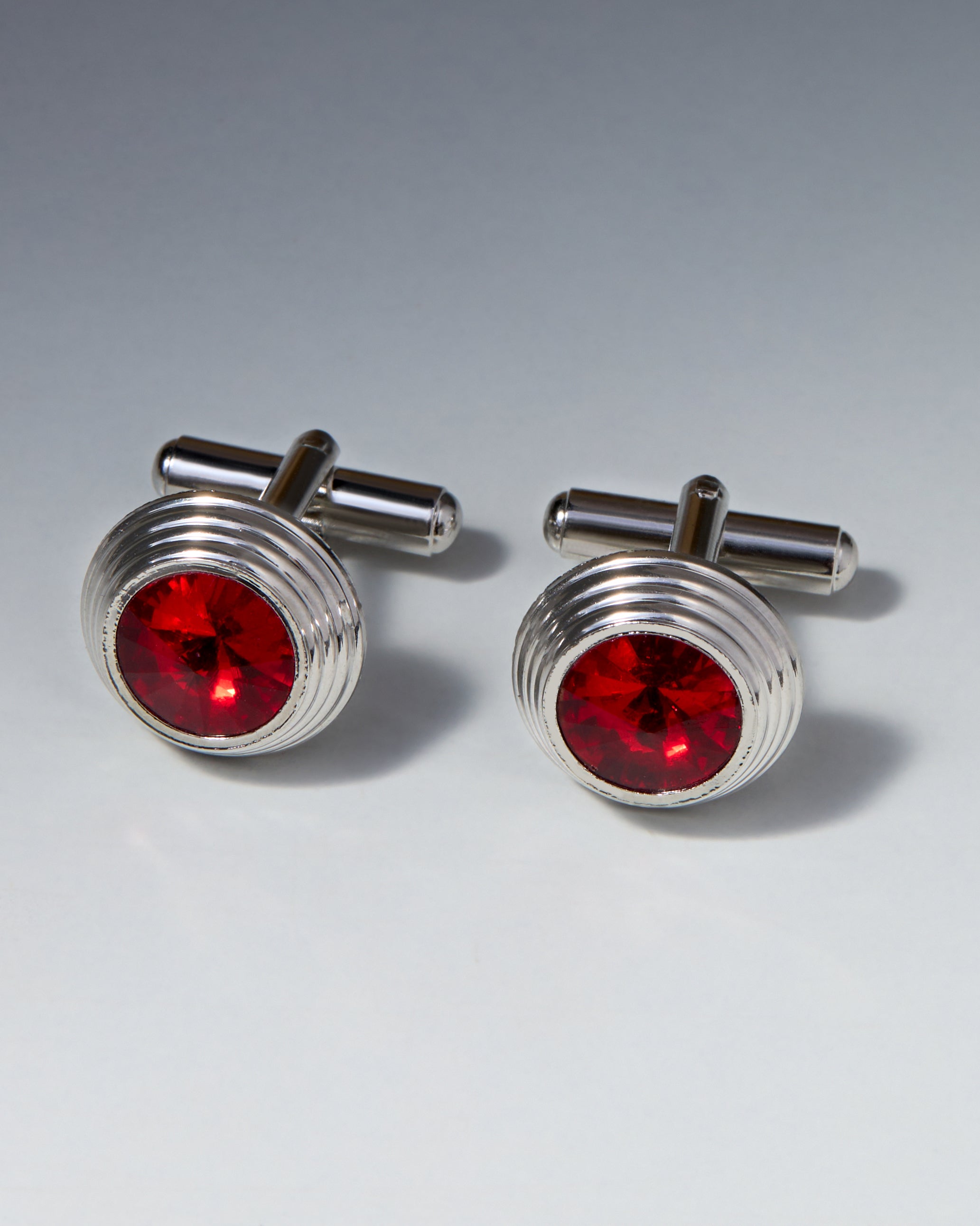 The Ember Executive Cufflinks — Ruby-Red Crystal & Ribbed Silver