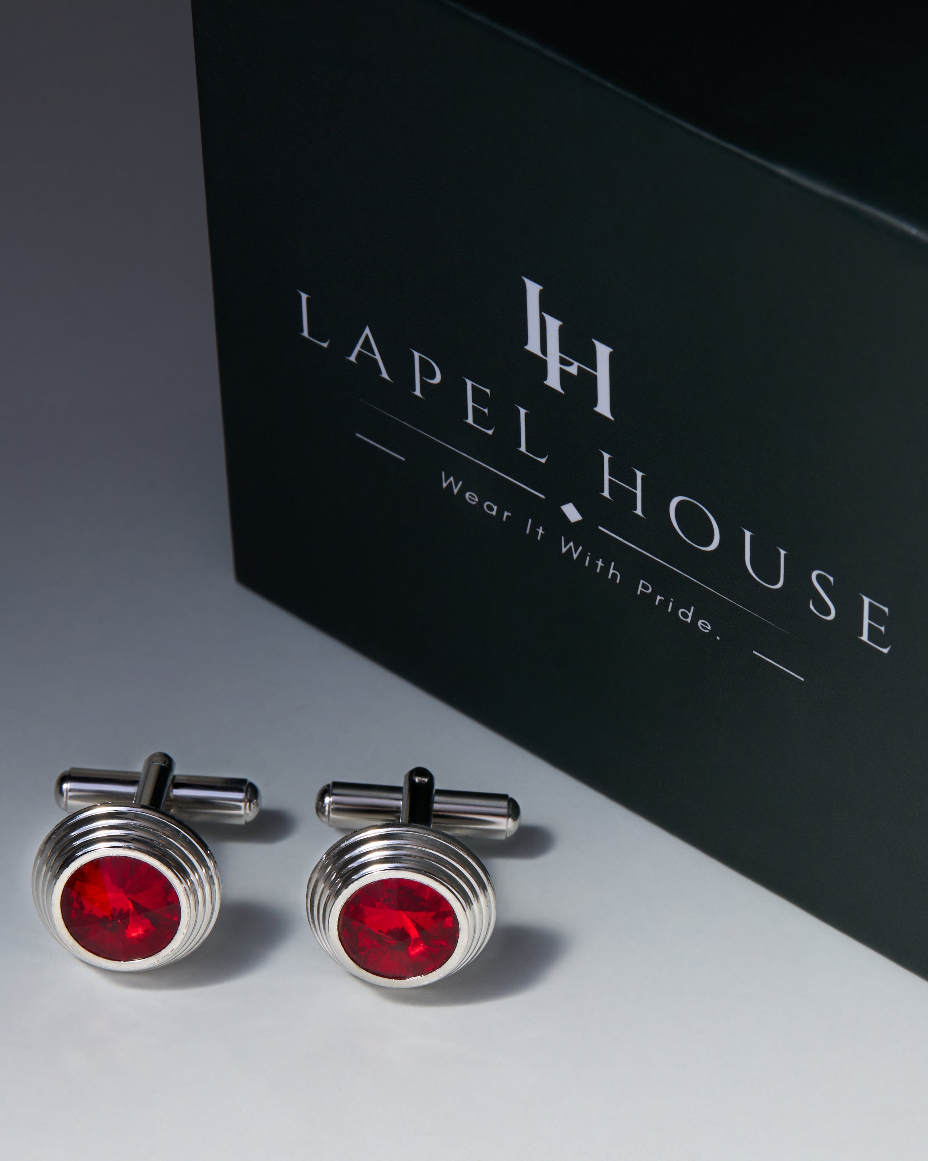 The Ember Executive Cufflinks — Ruby-Red Crystal & Ribbed Silver