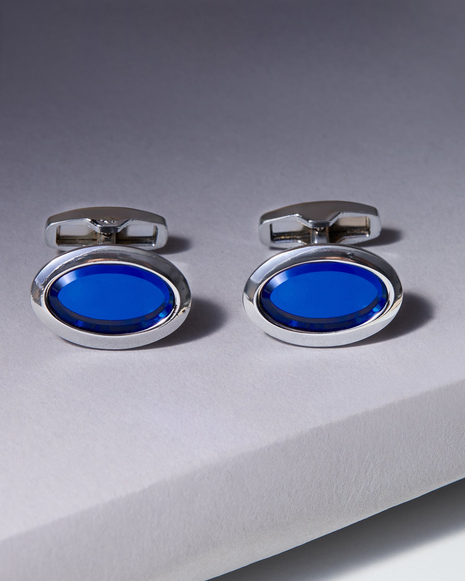 The Azure Executive Cufflinks — Sapphire Blue Crystal & Polished Silver