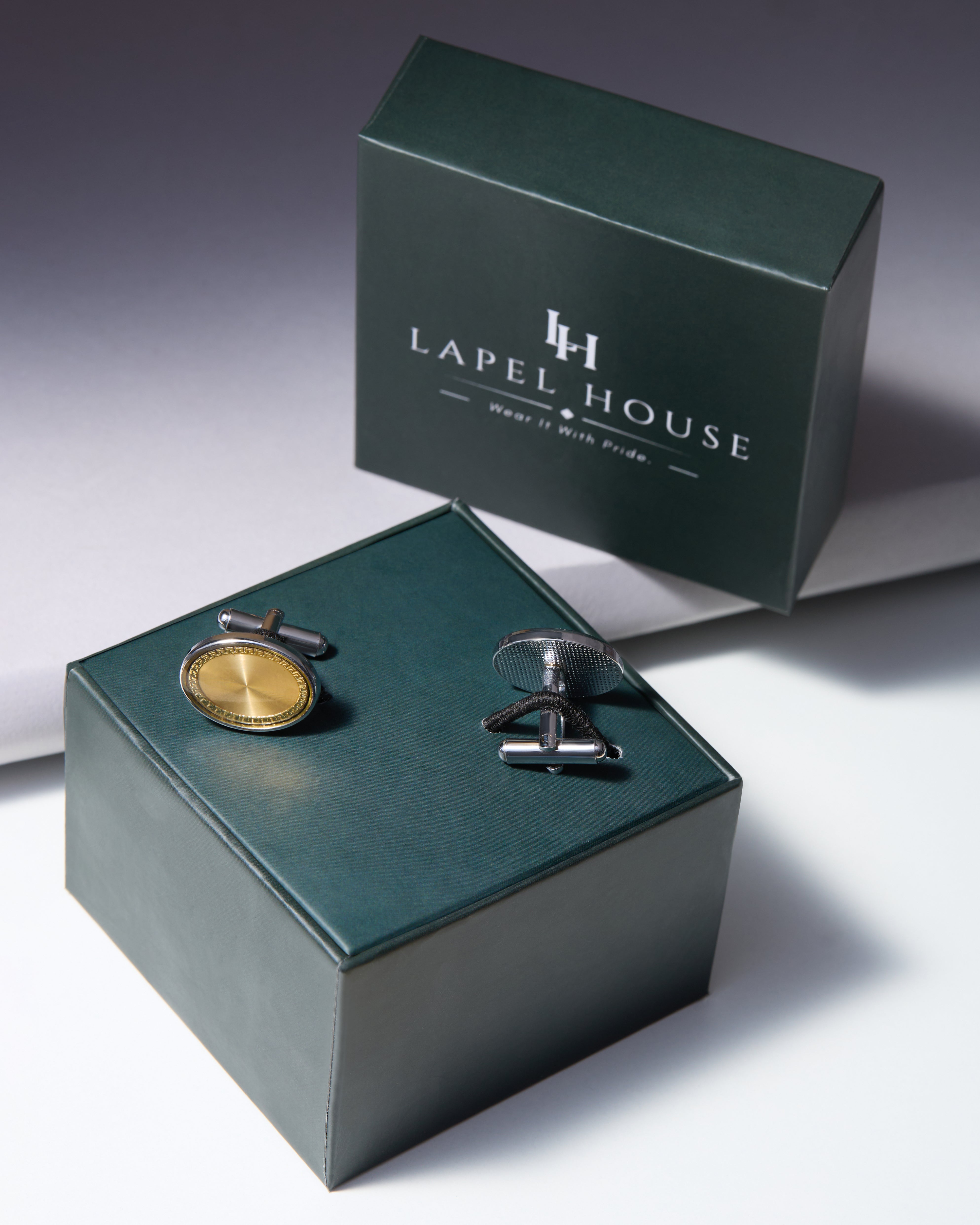 The Aurelian Executive Cufflinks — Brushed Gold & Silver Greek Key