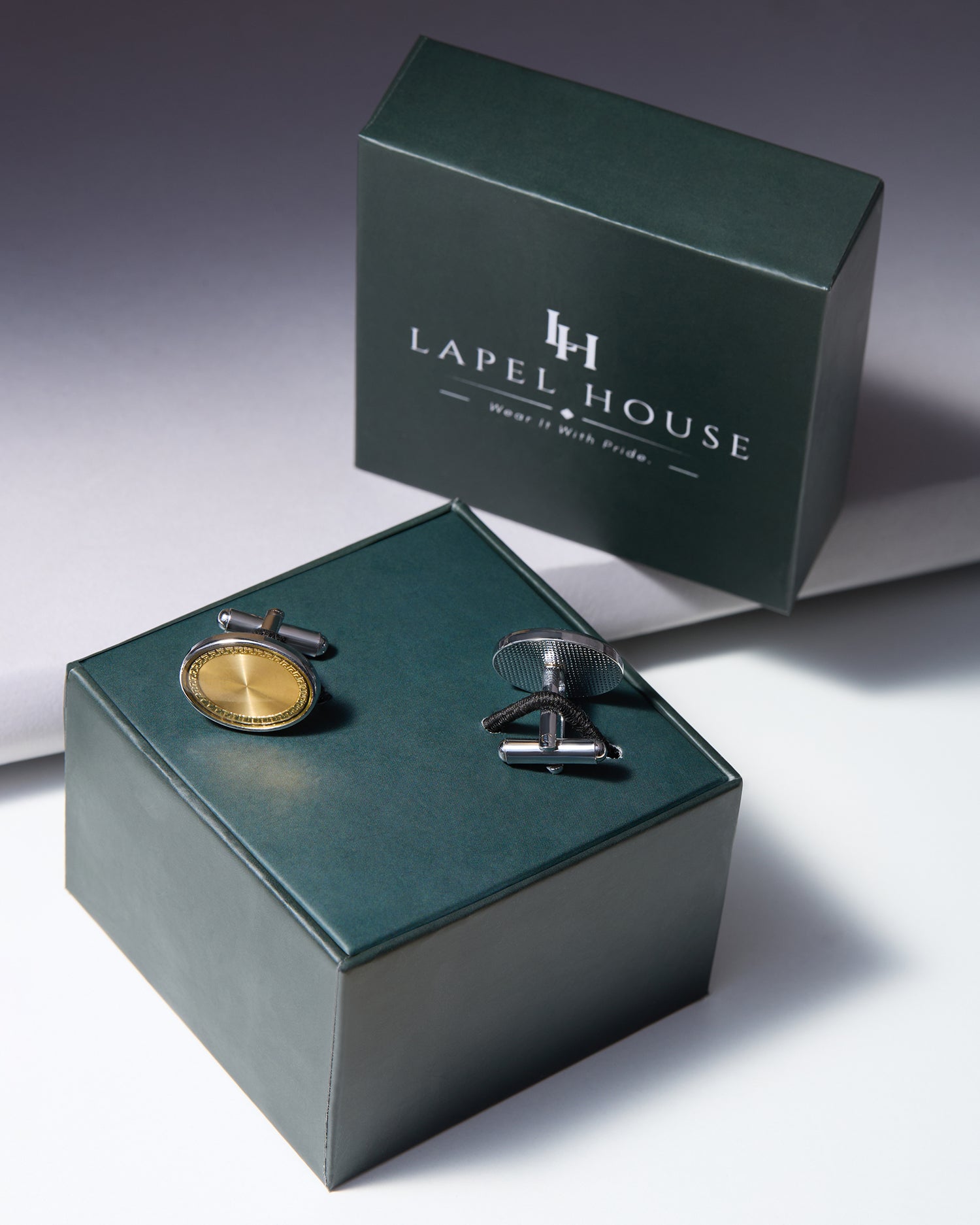 The Aurelian Executive Cufflinks — Brushed Gold & Silver Greek Key