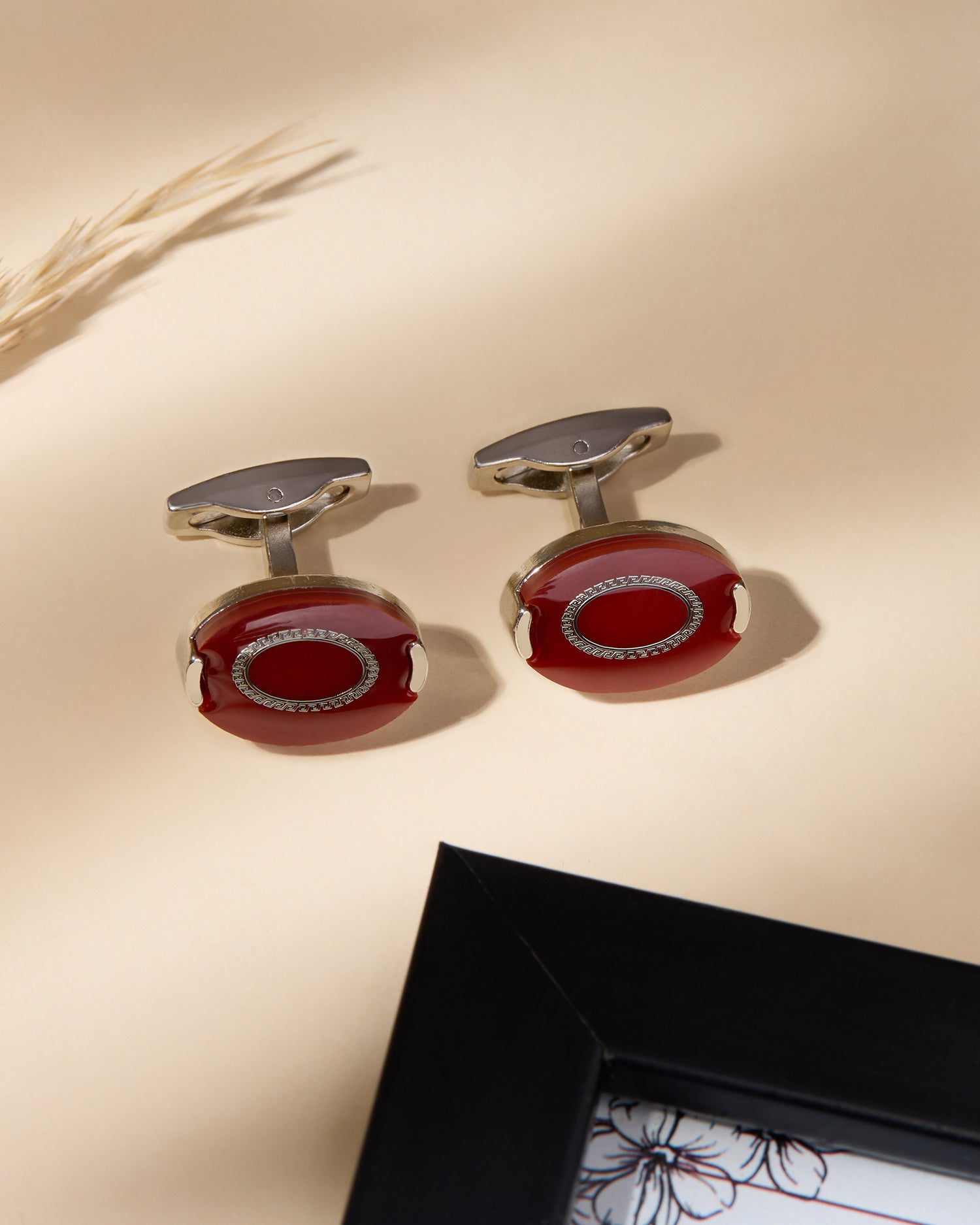 The Sovereign Executive Cufflinks — Deep Maroon & Silver Greek Key