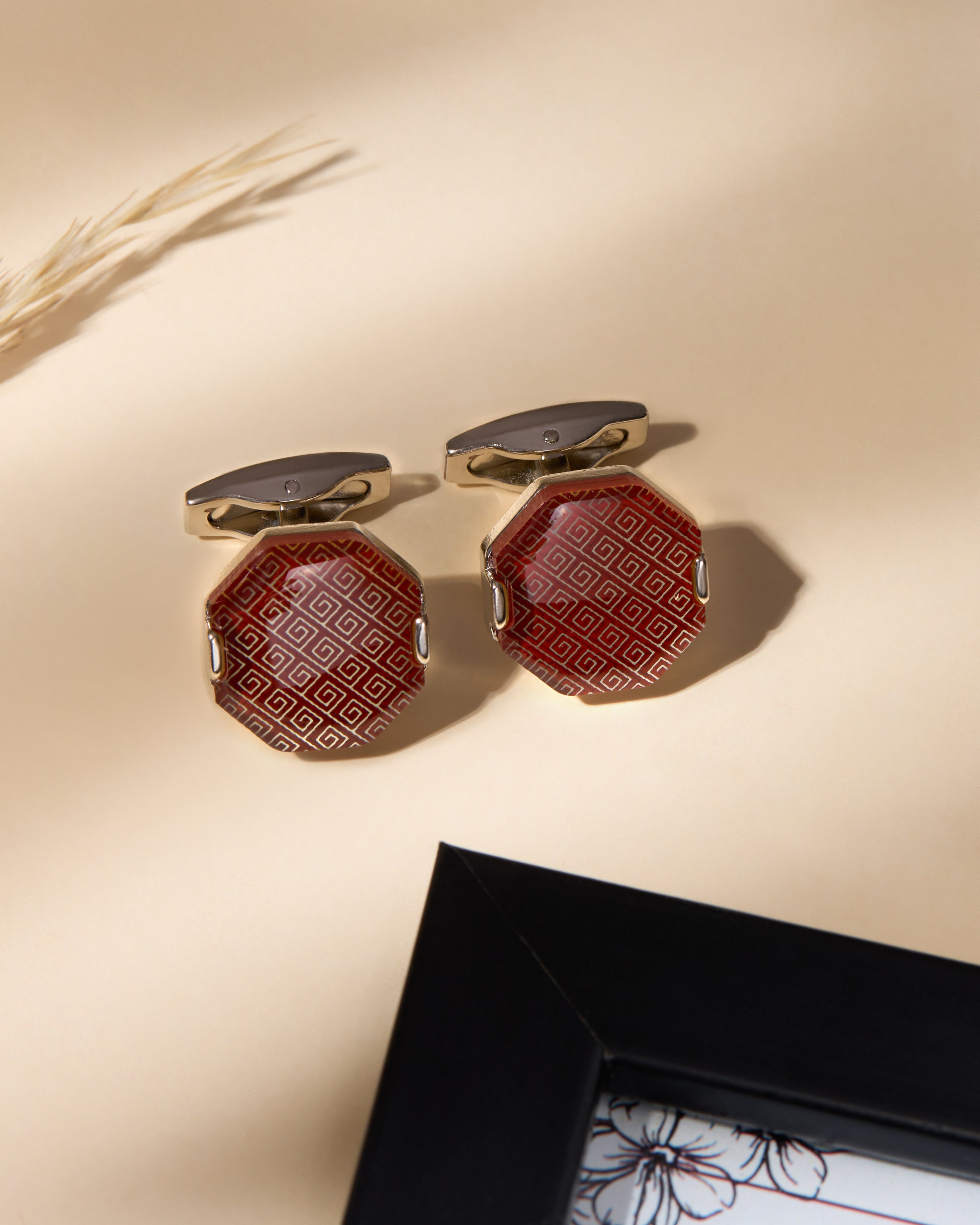 The Dynasty Executive Cufflinks — Crimson & Geometric Gold Enamel