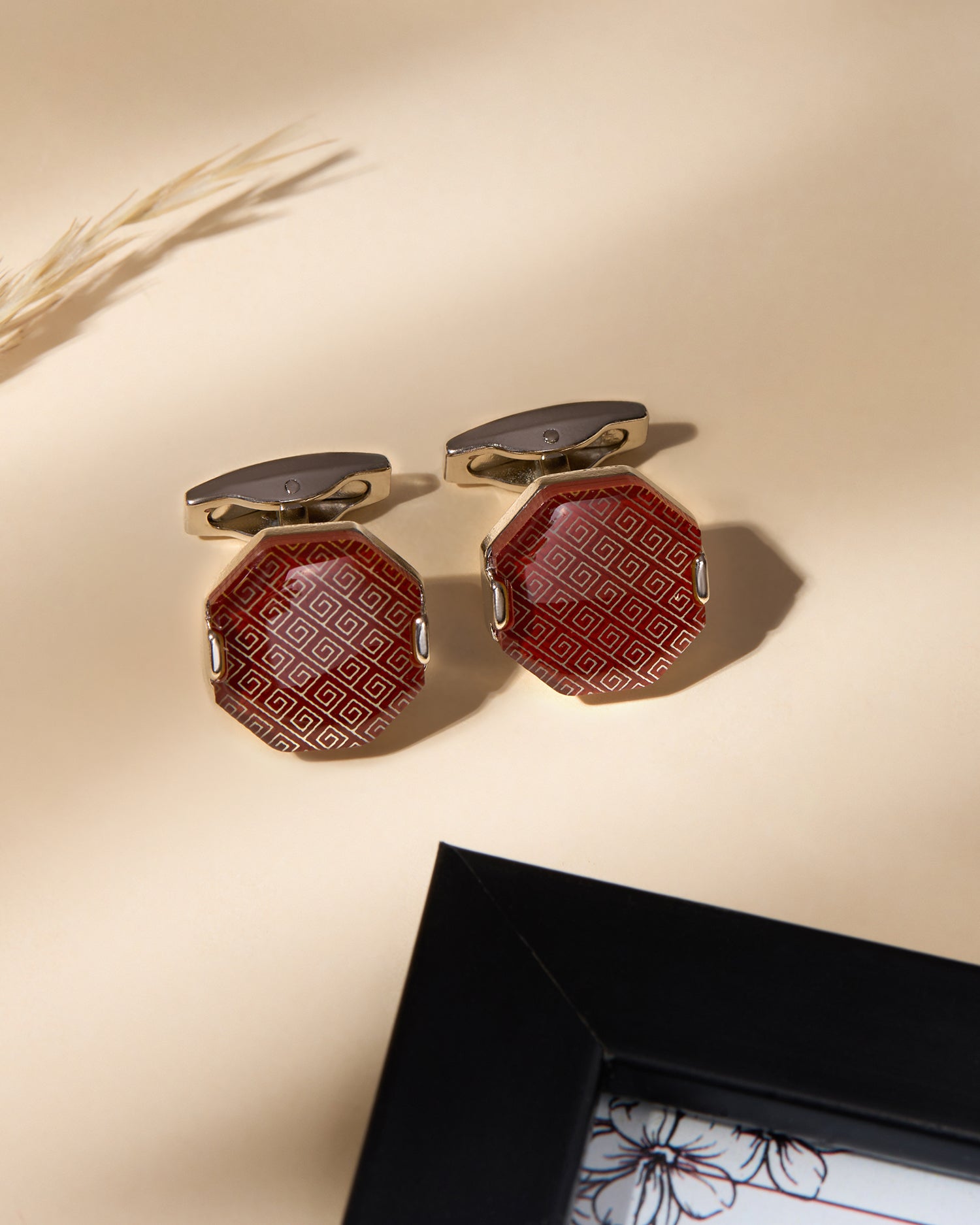 The Dynasty Executive Cufflinks — Crimson & Geometric Gold Enamel